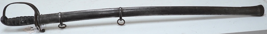 An 1821 pattern British light cavalry trooper’s sword with scabbard, blade 88.5cm. Condition - fair, pitted and with edge nicks to blade
